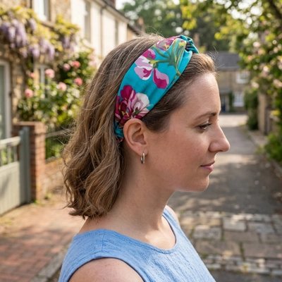 bandeau cheveux fleuri bleu subime