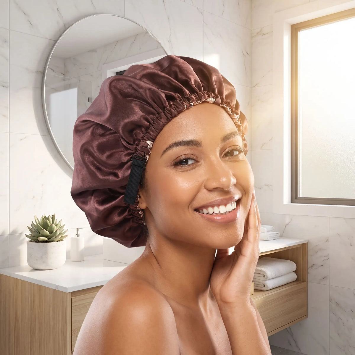 bonnet de nuit marron femme sourit dans sa salle de bain