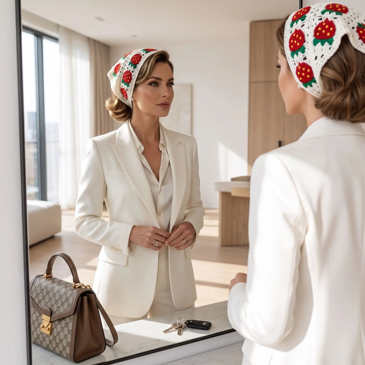 bandeau cheveux fraise femme élégamment habillée prète pour le travail