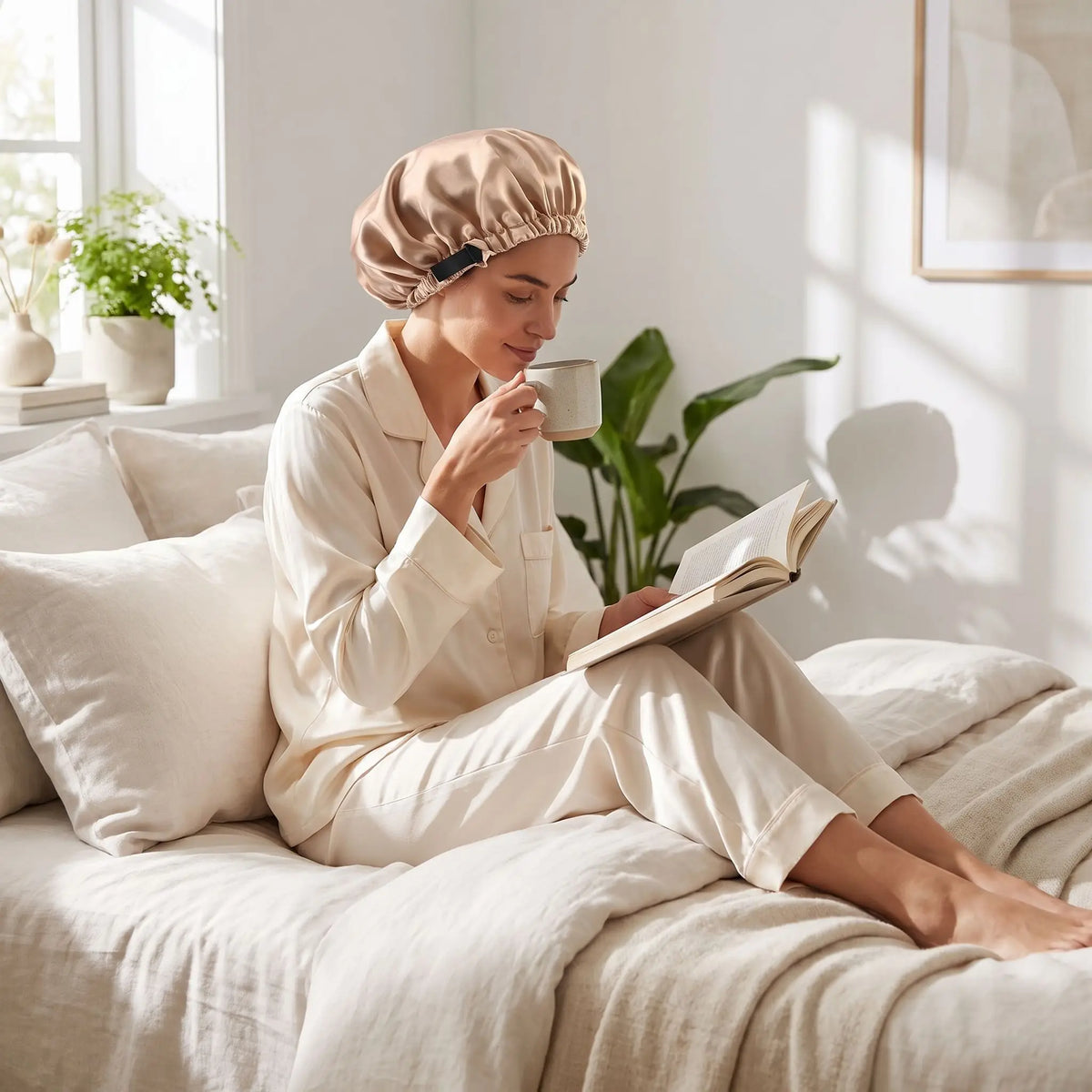 bonnet de nuit doré femme est au lit