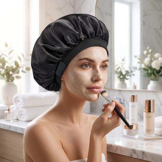 bonnet de nuit en soie noir femme fait son soin de visage