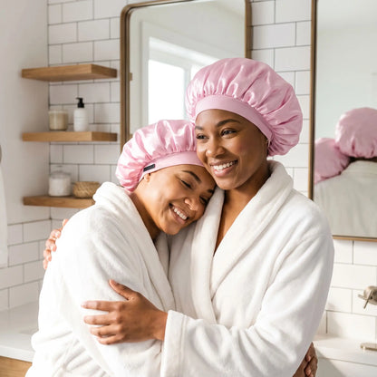 bonnet de nuit en soie rose femmes se font un câlin