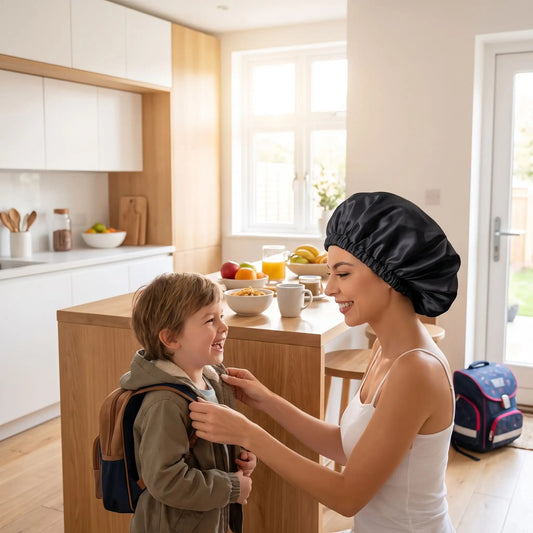 bonnet de nuit femme prépare son fils pour l'école