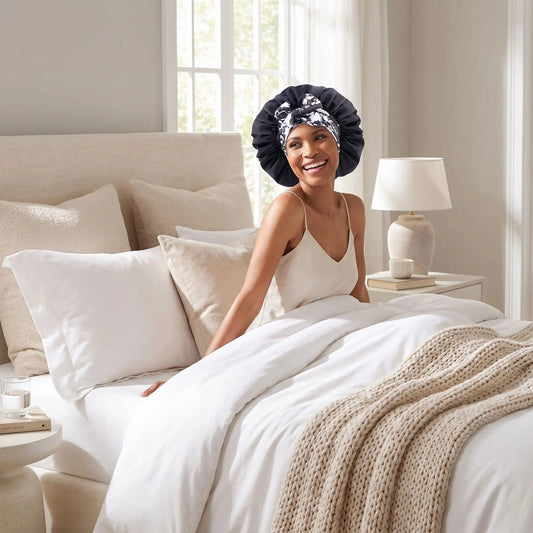 bonnet de nuit noir femme se reveille joyeusement