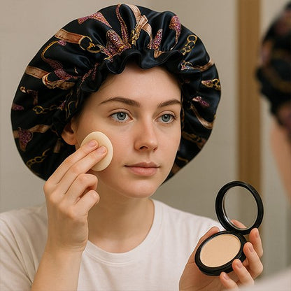 bonnet de nuit  en satin femme porte le bonnet                                                                                                                    