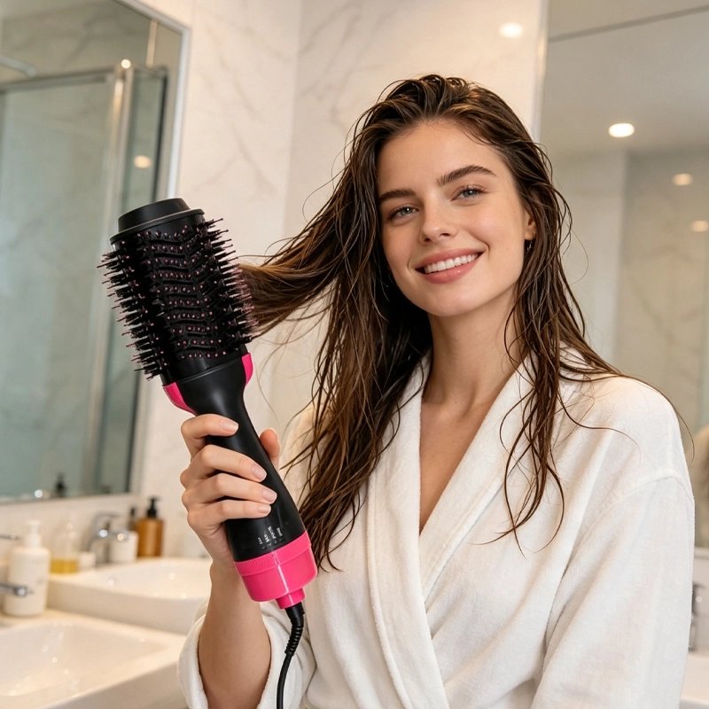 brosse cheveux noir et rose femme brosse ses cheveux mouillés