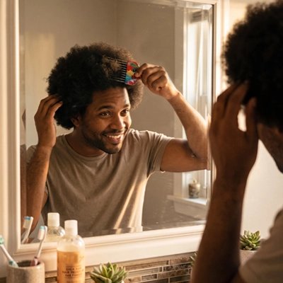 Peigne pour cheveux multicolore jeune homme sourit