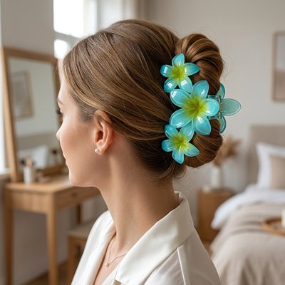 Pince à cheveux fleur bleue femme attache ses cheveux en chignon