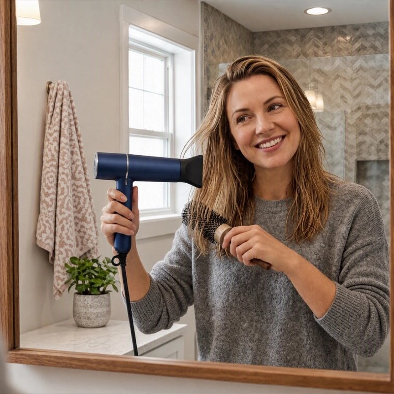 seche cheveux bleu femme brosse ses cheveux ensouriant