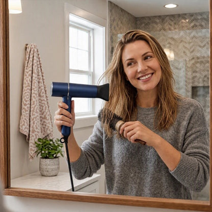 seche cheveux bleu femme brosse ses cheveux ensouriant