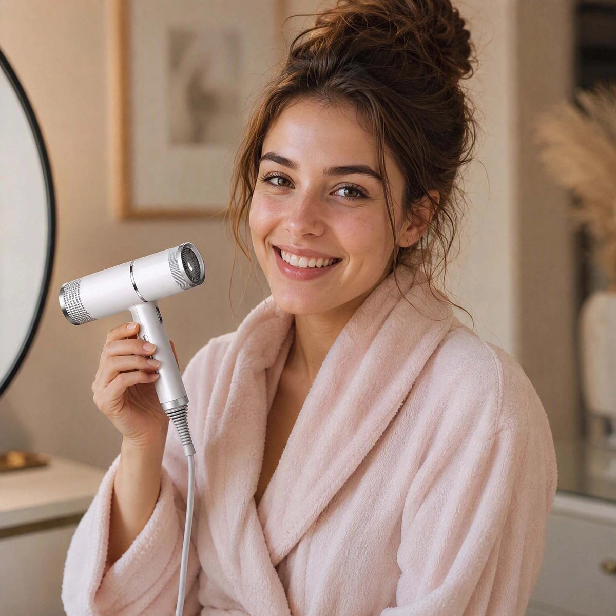 Seche cheveux blanc femme heureuse